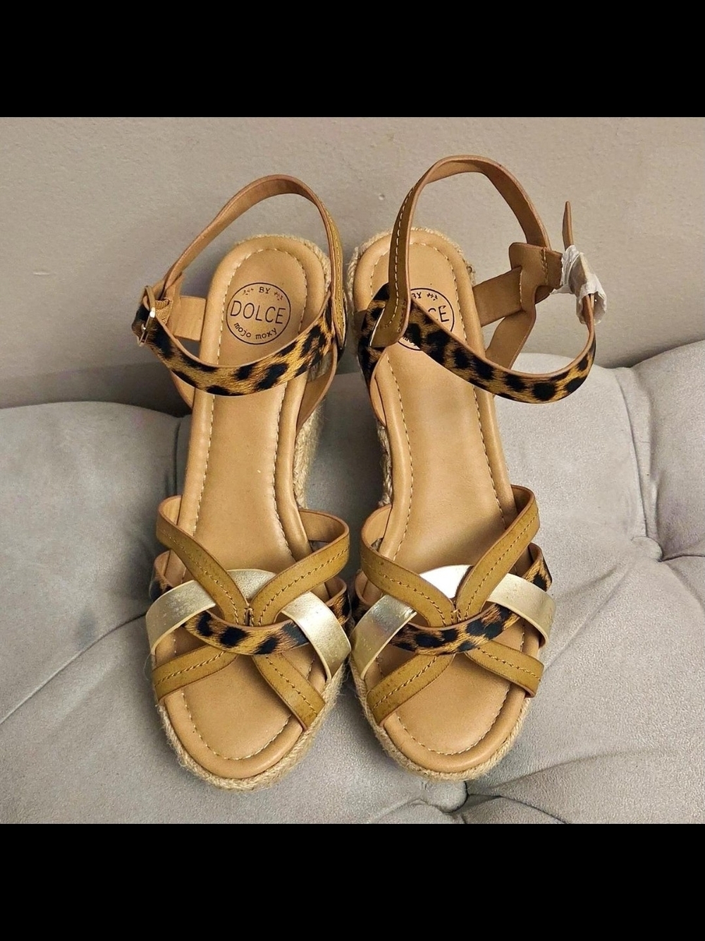 Mojo Moxy Leopard Print Espadrille Wedge Sandals in Tan and Gold